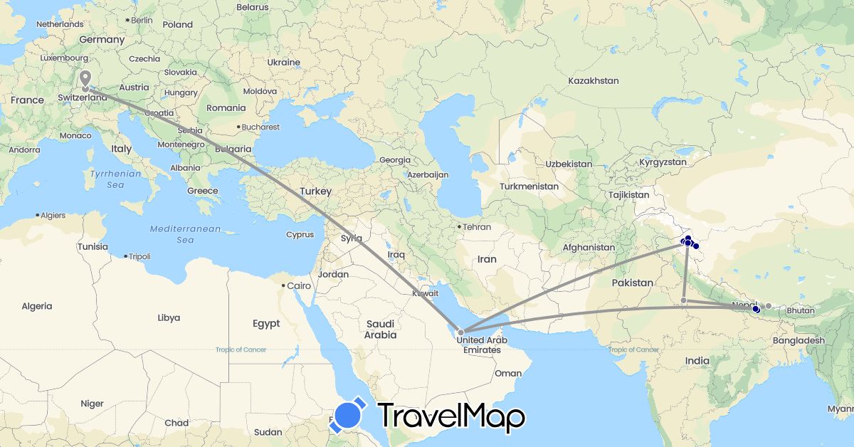 TravelMap itinerary: driving, plane in Switzerland, India, Nepal, Qatar (Asia, Europe)
